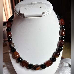 Handmade Unisex Necklace natural brown Agate and black Jasper and Onyx 18 inches